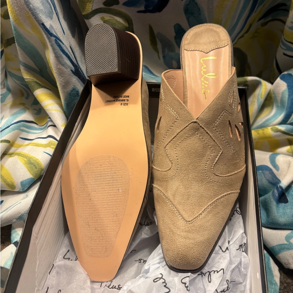 Lulu's Beige Suede Women's Mules 2 1/2” heel
